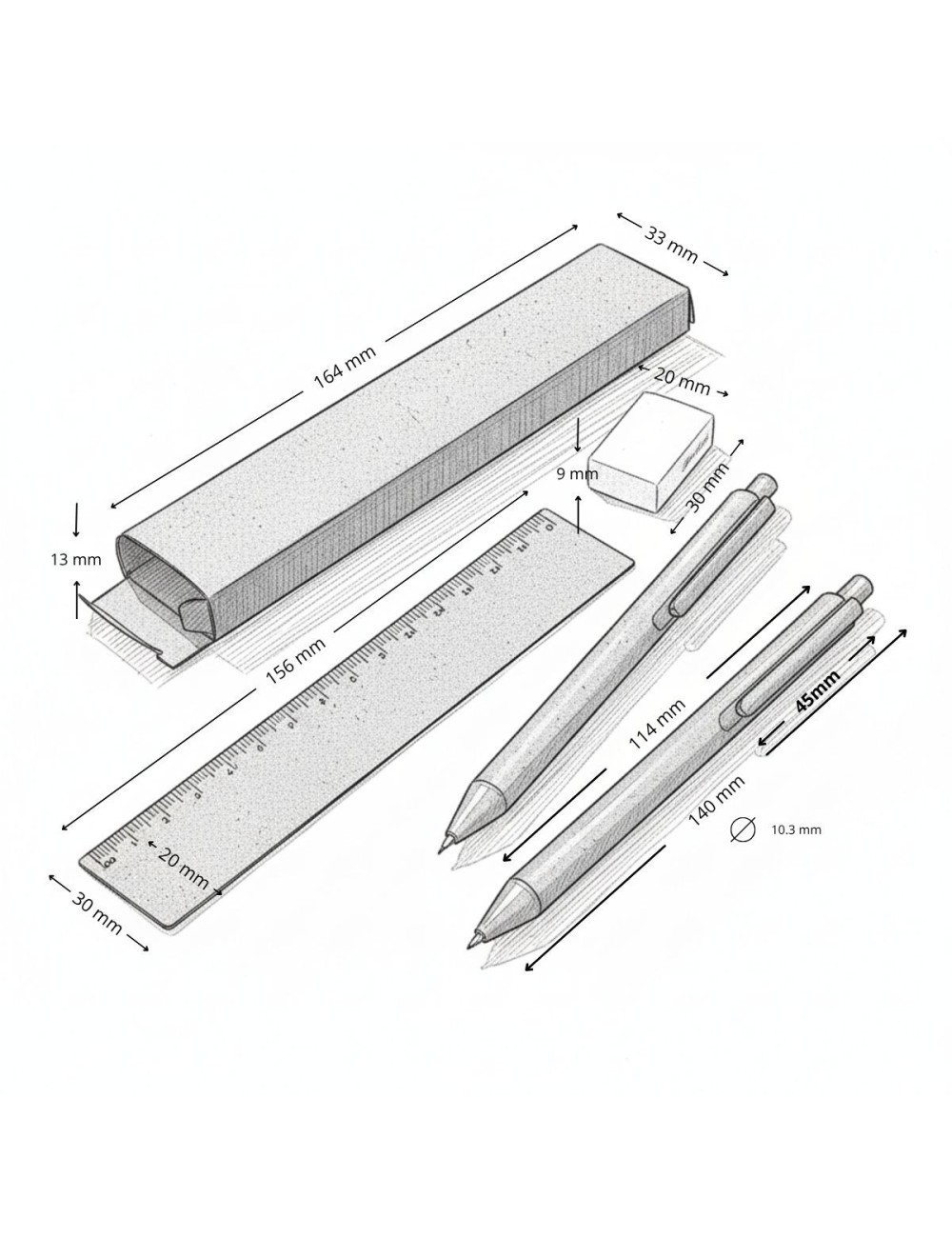 Set MINAS GERAIS: Bolígrafo, Regla, Goma de borrar y Caja